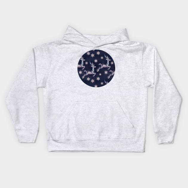 Silver Snowflakes & Happy Reindeer in Navy Blue & Pink Kids Hoodie by micklyn